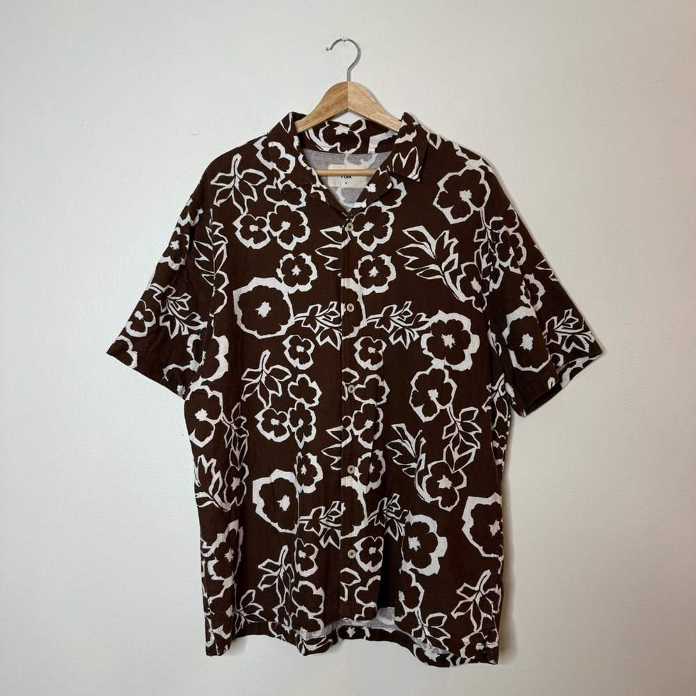 Folk Clothing 100% Cotton Chocolate Brown Floral Camp Collar Polo size XL